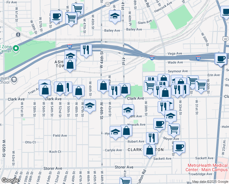 map of restaurants, bars, coffee shops, grocery stores, and more near 4119 Howlett Avenue in Cleveland