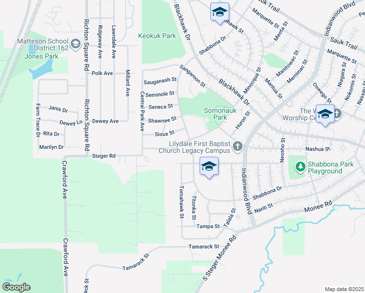 map of restaurants, bars, coffee shops, grocery stores, and more near 305 Somonauk Street in Park Forest