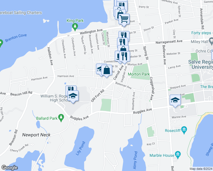 map of restaurants, bars, coffee shops, grocery stores, and more near 11 Old Fort Road in Newport