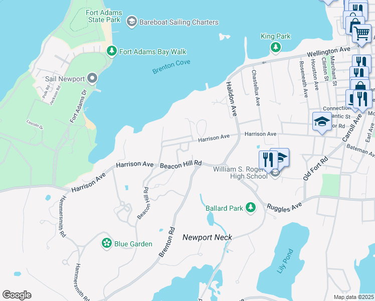 map of restaurants, bars, coffee shops, grocery stores, and more near 106 Harrison Avenue in Newport