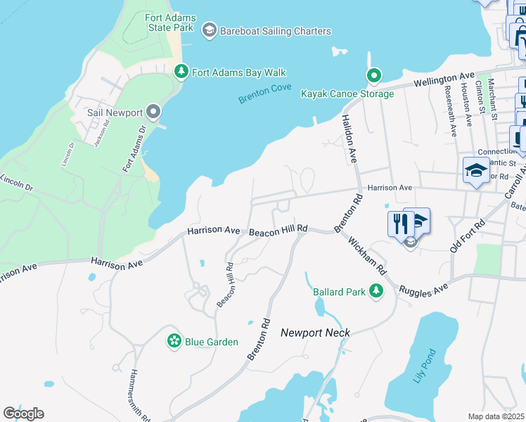 map of restaurants, bars, coffee shops, grocery stores, and more near 118 Harrison Avenue in Newport