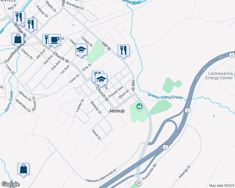 map of restaurants, bars, coffee shops, grocery stores, and more near 306 Powell Avenue in Jessup
