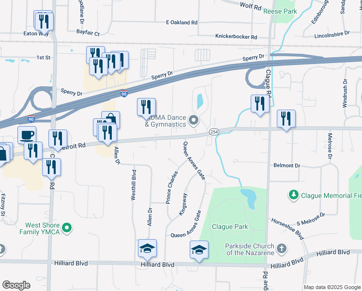 map of restaurants, bars, coffee shops, grocery stores, and more near 24389 Detroit Road in Westlake