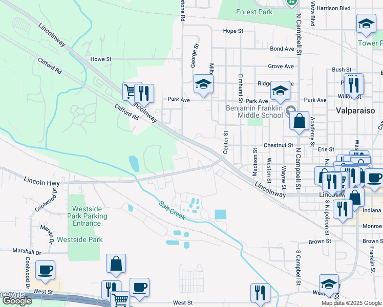 map of restaurants, bars, coffee shops, grocery stores, and more near 212 Logan Street in Valparaiso