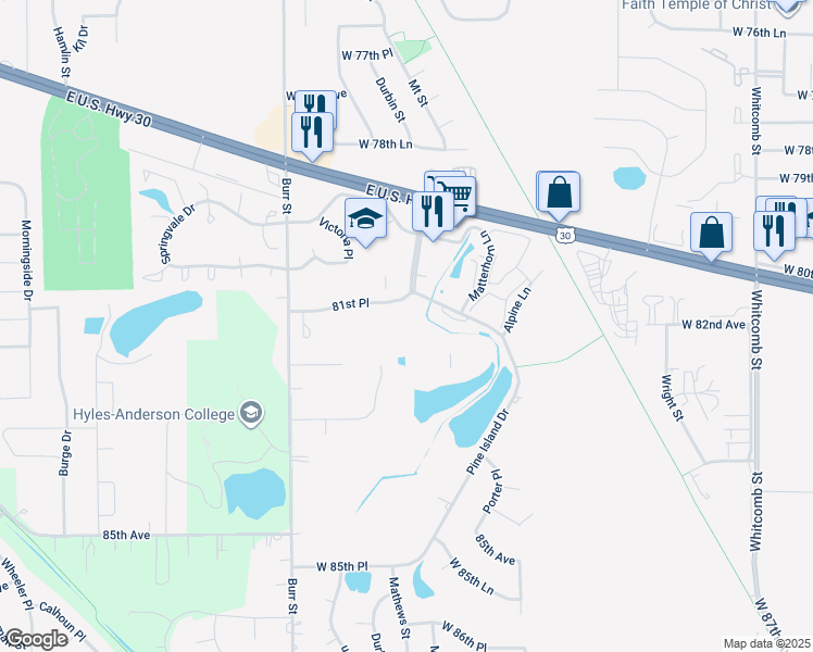 map of restaurants, bars, coffee shops, grocery stores, and more near 8145 Mount Court in Crown Point
