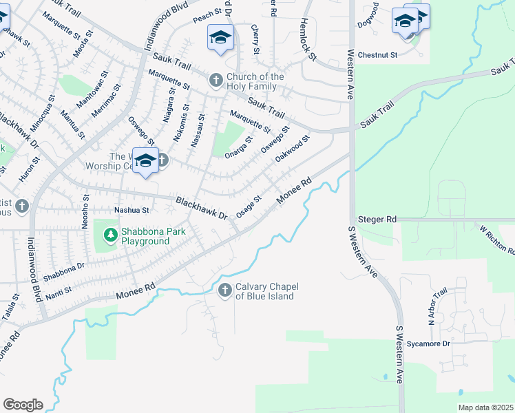 map of restaurants, bars, coffee shops, grocery stores, and more near 50 Monee Road in Park Forest