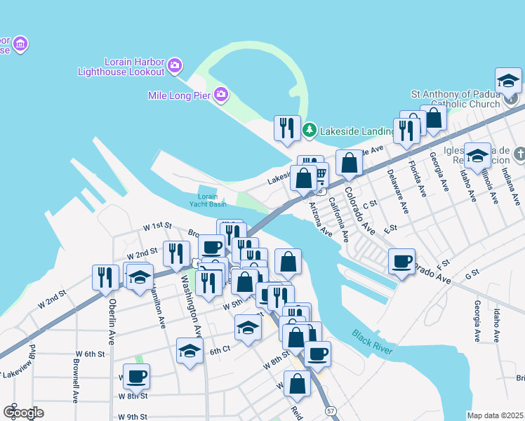 map of restaurants, bars, coffee shops, grocery stores, and more near 138 Alabama Avenue in Lorain