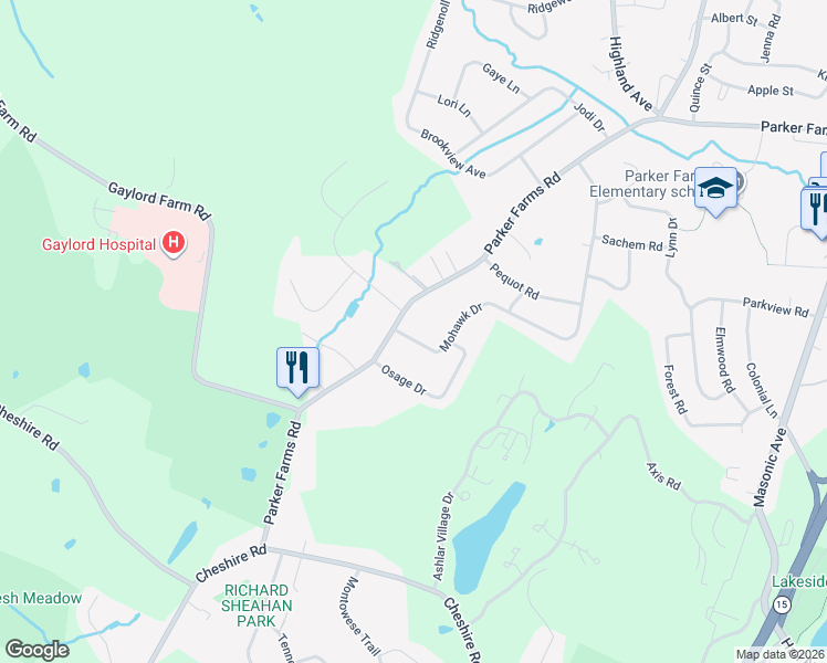 map of restaurants, bars, coffee shops, grocery stores, and more near 170 Mohawk Drive in Wallingford