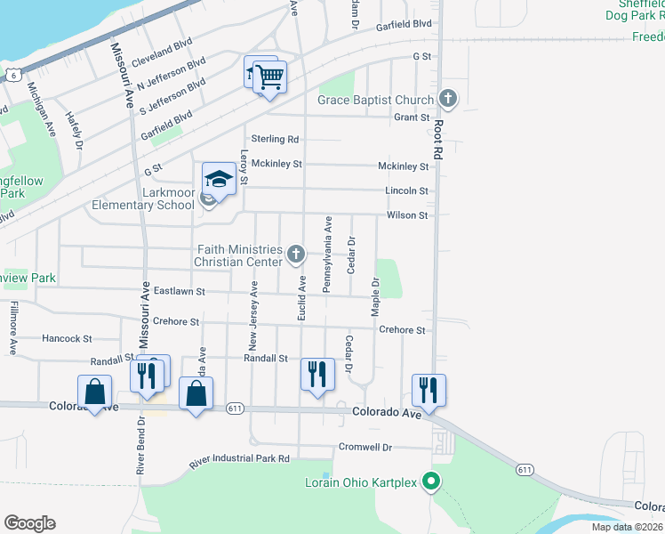 map of restaurants, bars, coffee shops, grocery stores, and more near 1311 Pennsylvania Avenue in Lorain