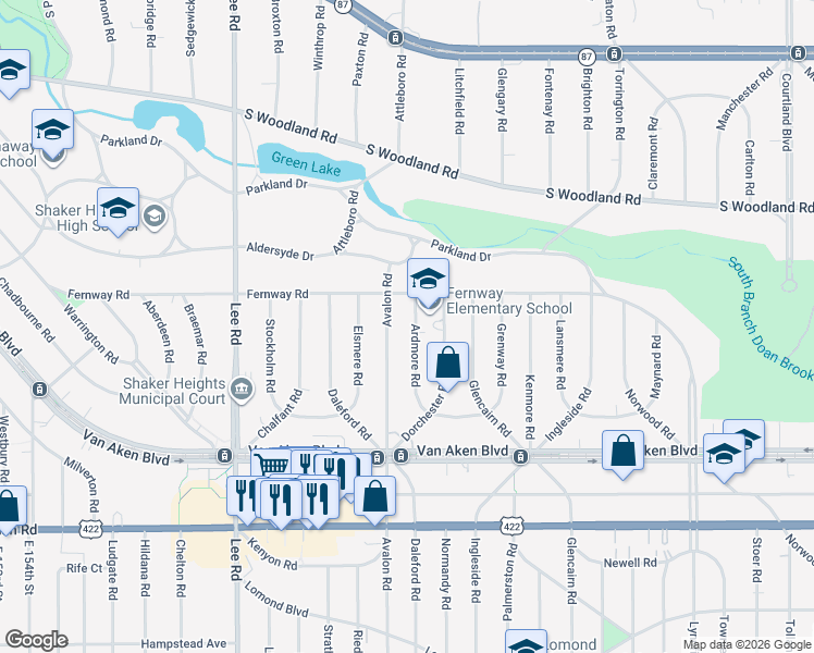 map of restaurants, bars, coffee shops, grocery stores, and more near 3280 Ardmore Road in Shaker Heights