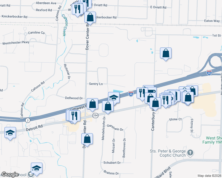 map of restaurants, bars, coffee shops, grocery stores, and more near 1101 Montclair Circle in Westlake