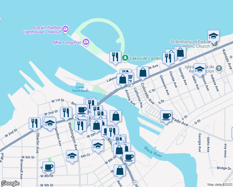 map of restaurants, bars, coffee shops, grocery stores, and more near 150 East Erie Avenue in Lorain
