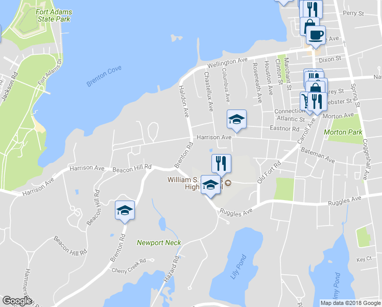 map of restaurants, bars, coffee shops, grocery stores, and more near 4 Brenton Rd in Newport