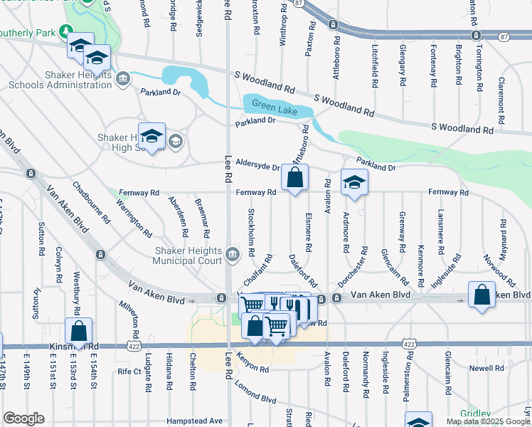 map of restaurants, bars, coffee shops, grocery stores, and more near 3282 Chalfant Road in Shaker Heights