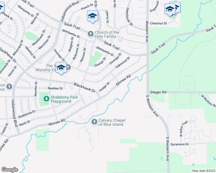 map of restaurants, bars, coffee shops, grocery stores, and more near 50 Monee Road in Park Forest