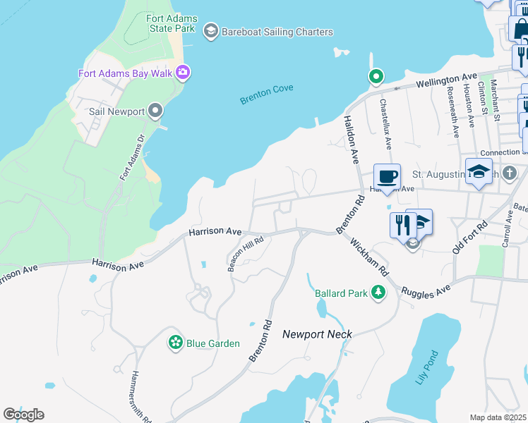 map of restaurants, bars, coffee shops, grocery stores, and more near 118 Harrison Avenue in Newport