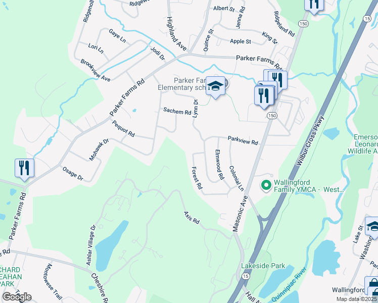 map of restaurants, bars, coffee shops, grocery stores, and more near 58 Forest Road in Wallingford