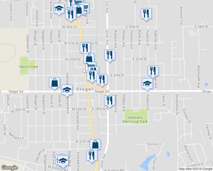 map of restaurants, bars, coffee shops, grocery stores, and more near 3332 Union Avenue in Steger