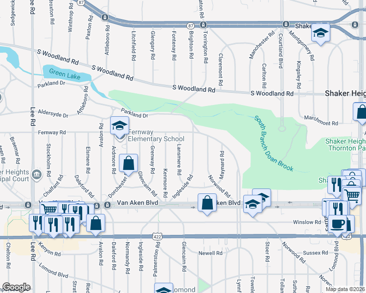map of restaurants, bars, coffee shops, grocery stores, and more near 3275 Lansmere Road in Shaker Heights