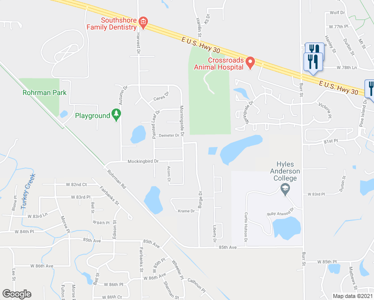 map of restaurants, bars, coffee shops, grocery stores, and more near 2821 Morningside Drive in Crown Point
