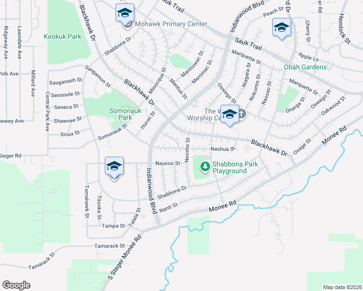 map of restaurants, bars, coffee shops, grocery stores, and more near 132 Iroquois Street in Park Forest