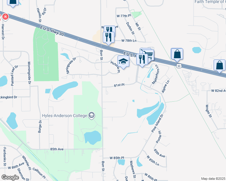 map of restaurants, bars, coffee shops, grocery stores, and more near 8162 Westwood Court in Crown Point
