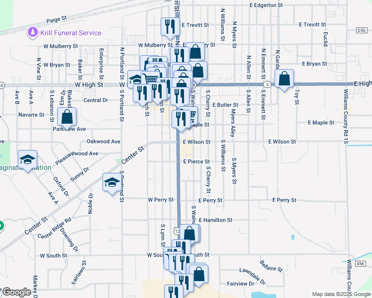 map of restaurants, bars, coffee shops, grocery stores, and more near 403 South Main Street in Bryan
