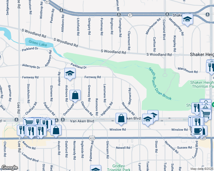 map of restaurants, bars, coffee shops, grocery stores, and more near 3275 Lansmere Rd in Shaker Heights