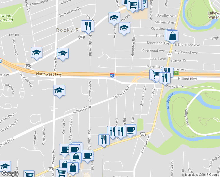 map of restaurants, bars, coffee shops, grocery stores, and more near 2311 Westmoor Rd in Rocky River