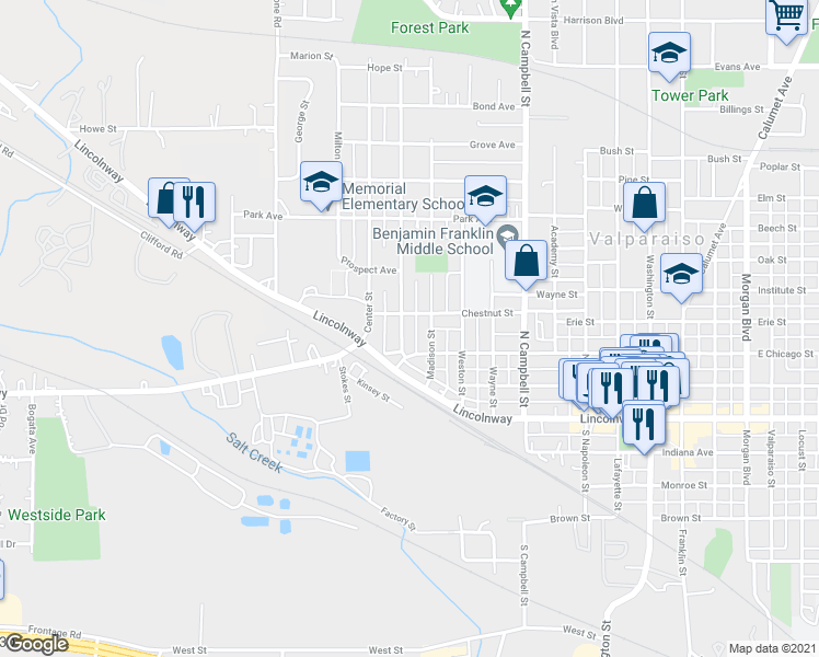 map of restaurants, bars, coffee shops, grocery stores, and more near 208 Elmhurst Street in Valparaiso