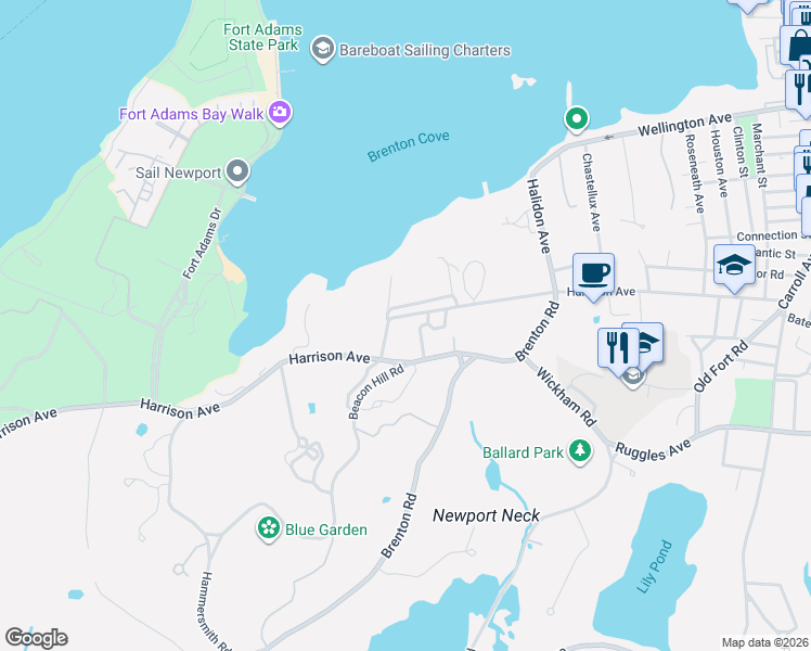 map of restaurants, bars, coffee shops, grocery stores, and more near 124 Harrison Avenue in Newport