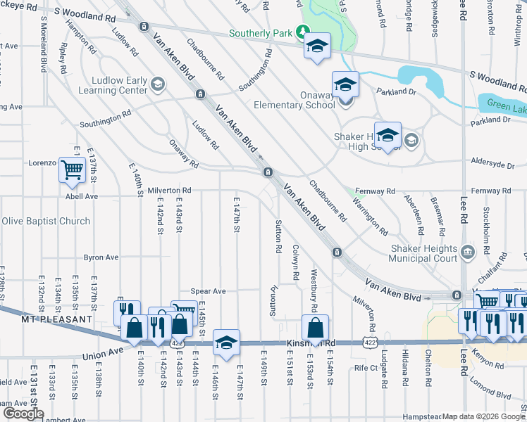 map of restaurants, bars, coffee shops, grocery stores, and more near 14918 Milverton Road in Cleveland