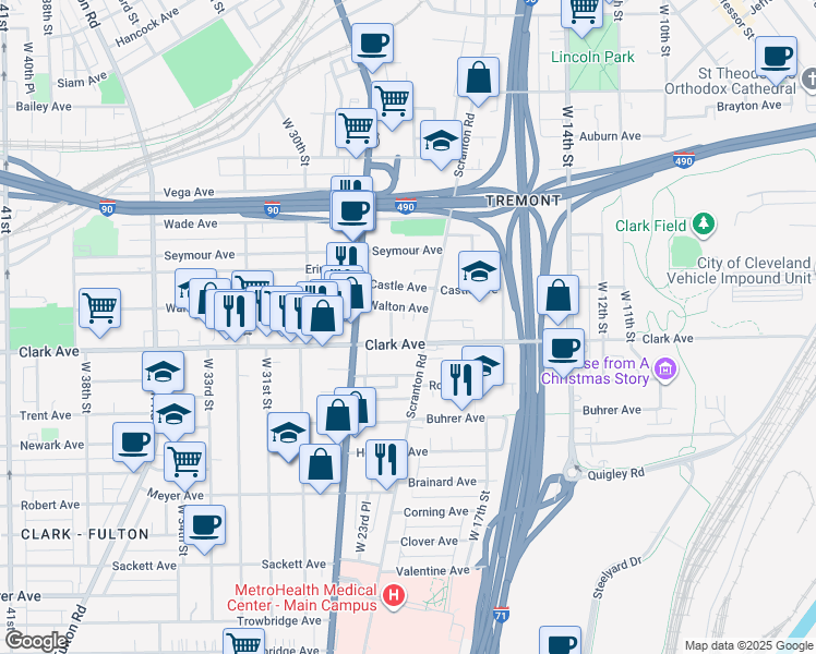 map of restaurants, bars, coffee shops, grocery stores, and more near 3076 Scranton Road in Cleveland