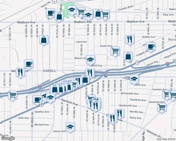 map of restaurants, bars, coffee shops, grocery stores, and more near North Marginal Drive in Cleveland