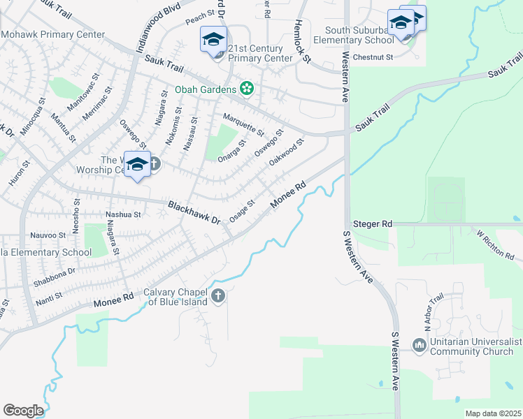 map of restaurants, bars, coffee shops, grocery stores, and more near 50 Monee Road in Park Forest