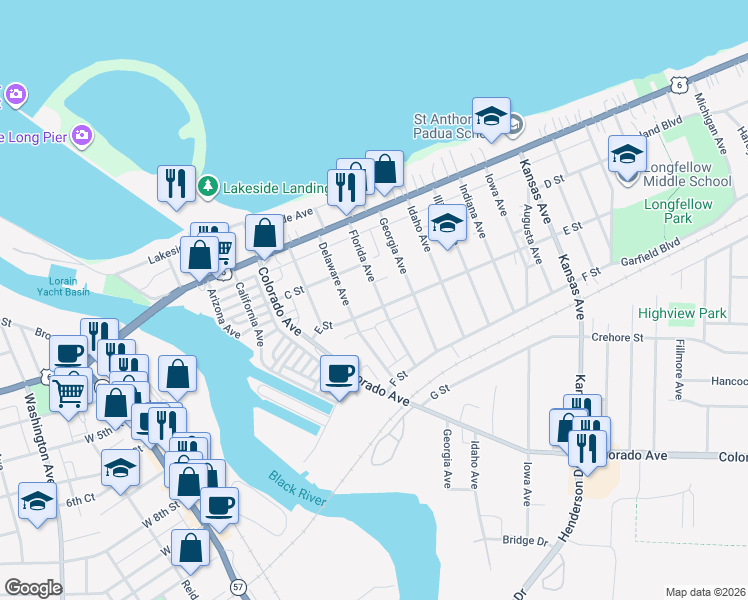 map of restaurants, bars, coffee shops, grocery stores, and more near 330 Florida Avenue in Lorain