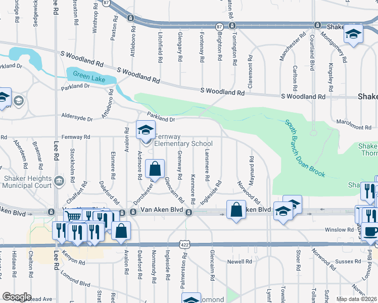 map of restaurants, bars, coffee shops, grocery stores, and more near 3280 Kenmore Road in Shaker Heights