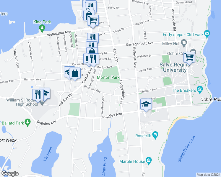 map of restaurants, bars, coffee shops, grocery stores, and more near 58 Bateman Avenue in Newport
