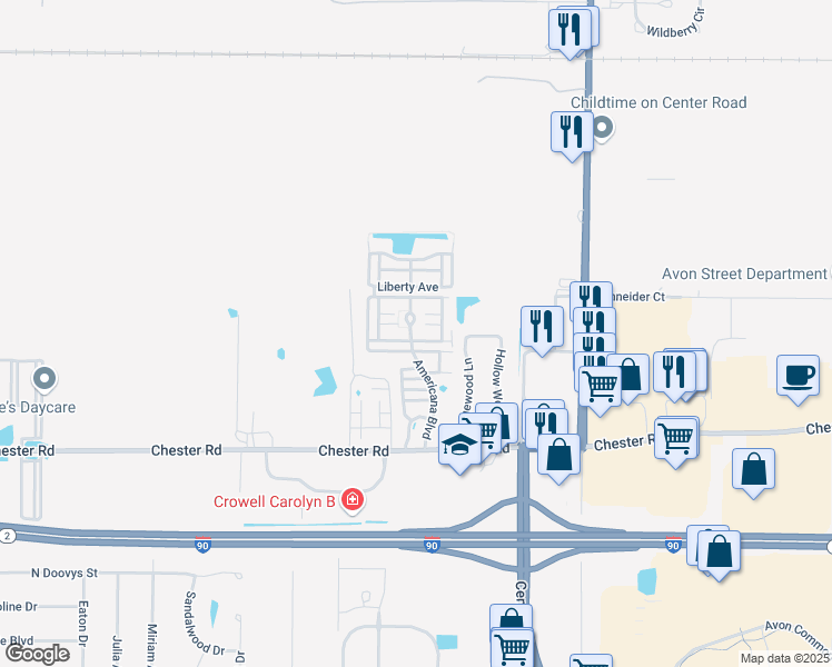map of restaurants, bars, coffee shops, grocery stores, and more near 2301 Americana Boulevard in Avon