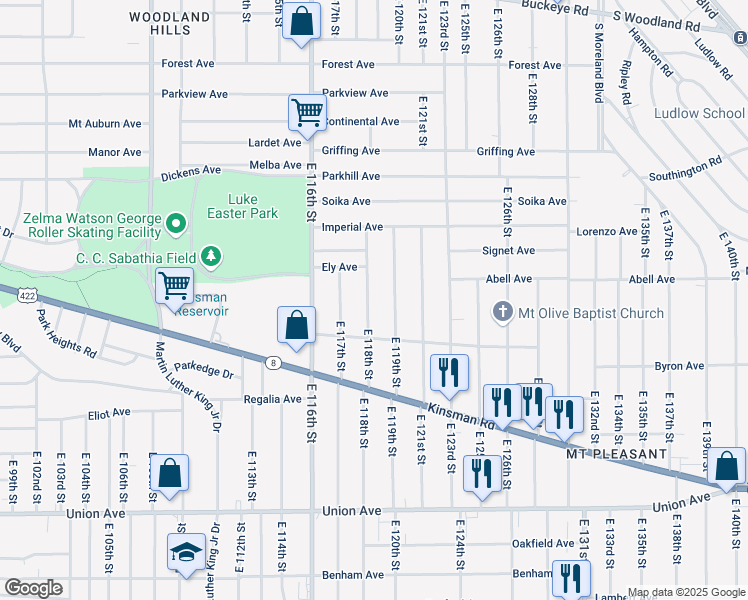 map of restaurants, bars, coffee shops, grocery stores, and more near 3241 East 118th Street in Cleveland