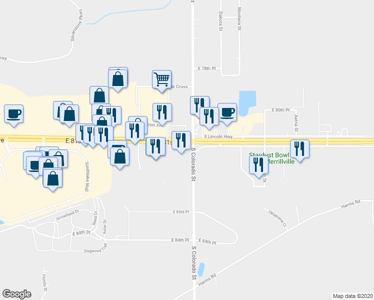 map of restaurants, bars, coffee shops, grocery stores, and more near 8130 Colorado Street in Merrillville