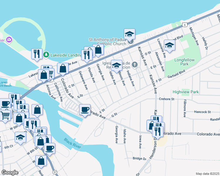 map of restaurants, bars, coffee shops, grocery stores, and more near 928 E Street in Lorain