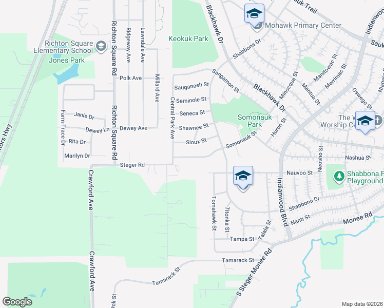 map of restaurants, bars, coffee shops, grocery stores, and more near 320 Somonauk Street in Park Forest