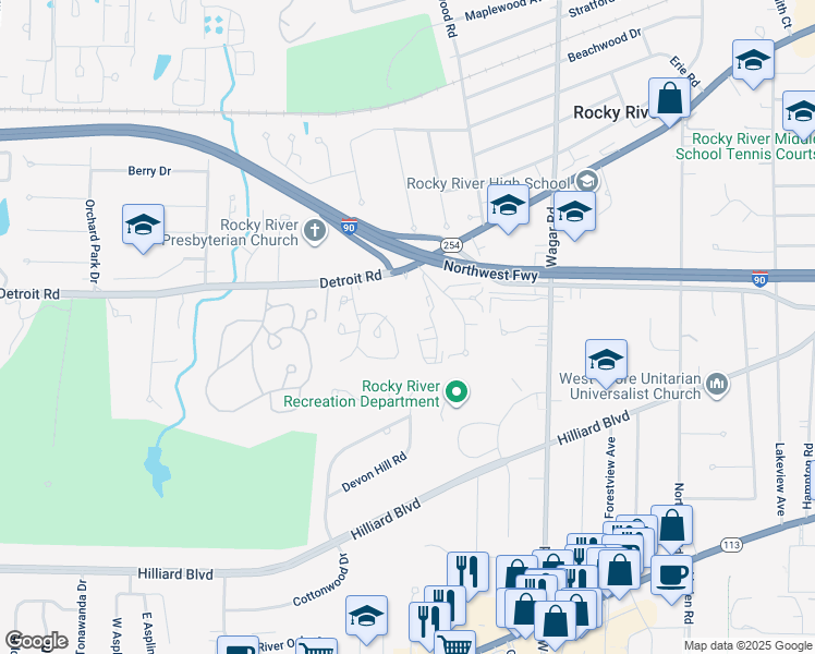 map of restaurants, bars, coffee shops, grocery stores, and more near 21403 Cherry Way in Rocky River