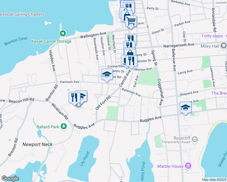 map of restaurants, bars, coffee shops, grocery stores, and more near 11 Old Fort Road in Newport