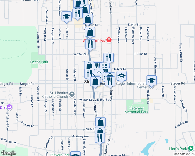 map of restaurants, bars, coffee shops, grocery stores, and more near 14 East 33rd Place in Steger