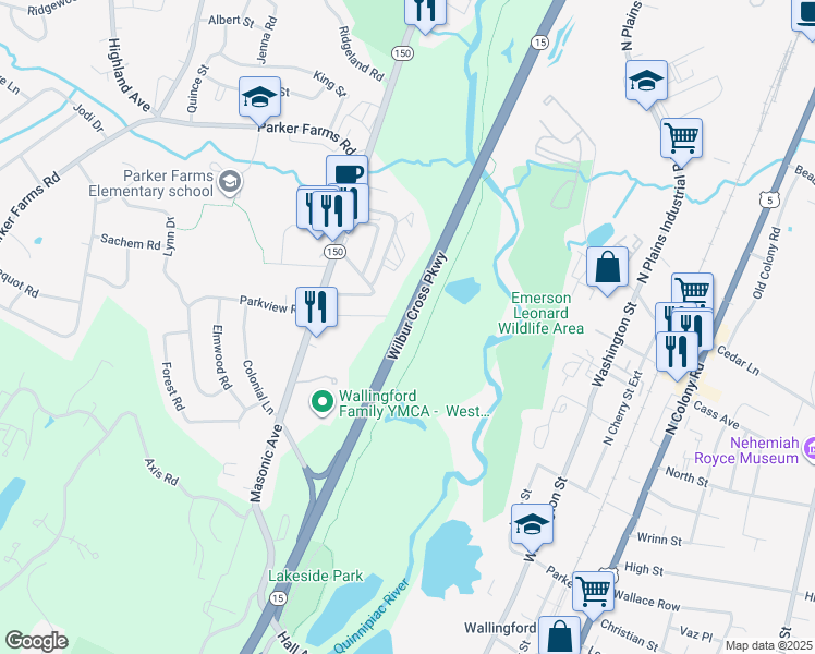 map of restaurants, bars, coffee shops, grocery stores, and more near Wilbur Cross Parkway in Wallingford