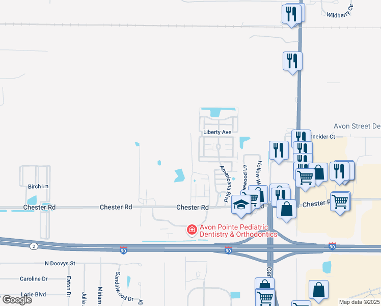 map of restaurants, bars, coffee shops, grocery stores, and more near 36850 Chester Road in Avon