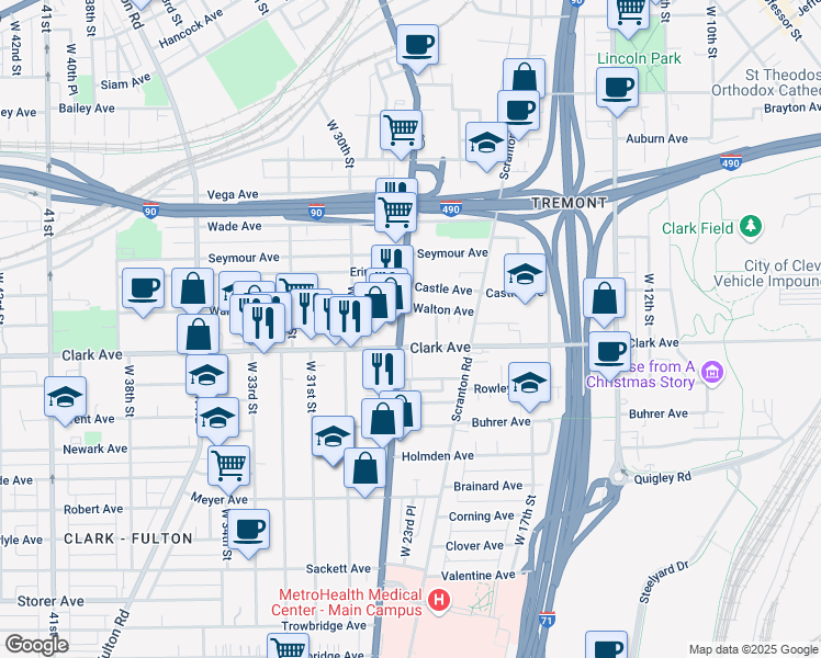 map of restaurants, bars, coffee shops, grocery stores, and more near 3065 West 25th Street in Cleveland