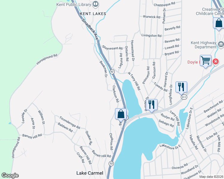 map of restaurants, bars, coffee shops, grocery stores, and more near 107 Clarkson Road in Carmel Hamlet